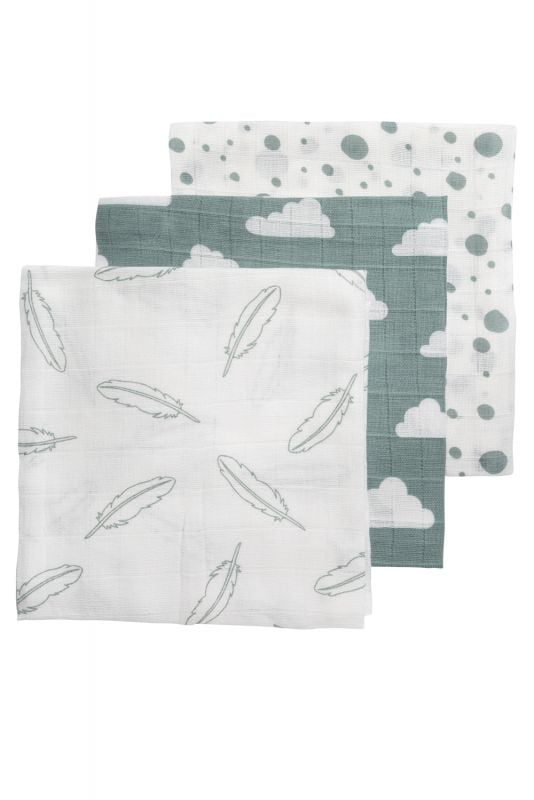 Hydrofiele Luiers 3-Pack Feathers-Clouds-Dots - Stone Green/Wit - 70x70cm